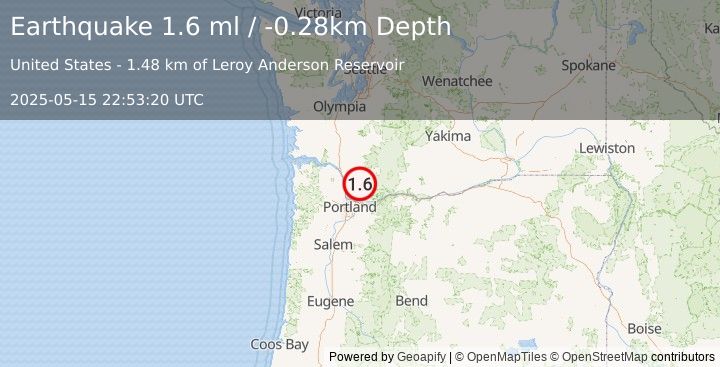 Earthquake 3 km WNW of Yacolt, Washington (1.6 ml) (2025-05-15 22:53:20 UTC)