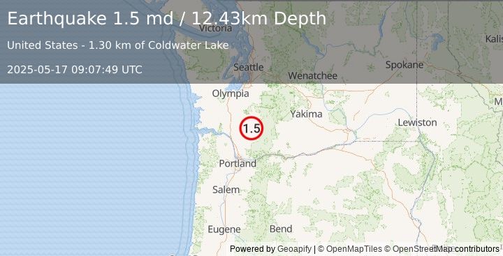Earthquake 29 km S of Morton, Washington (1.5 md) (2025-05-17 09:07:49 UTC)