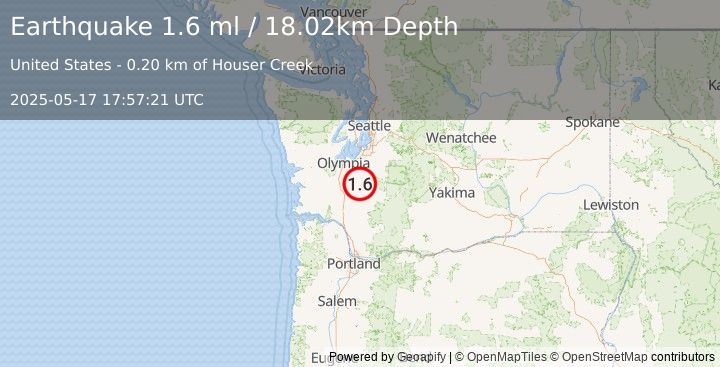 Earthquake 19 km SW of La Grande, Washington (1.6 ml) (2025-05-17 17:57:21 UTC)