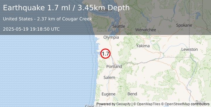Earthquake 3 km E of East Cathlamet, Washington (1.7 ml) (2025-05-19 19:18:50 UTC)