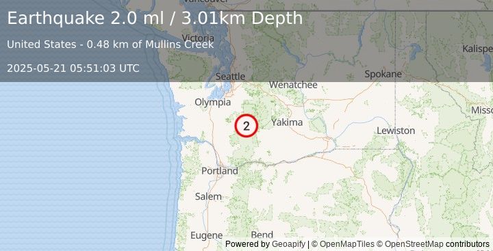 Earthquake 14 km SW of Packwood, Washington (2.0 ml) (2025-05-21 05:51:03 UTC)