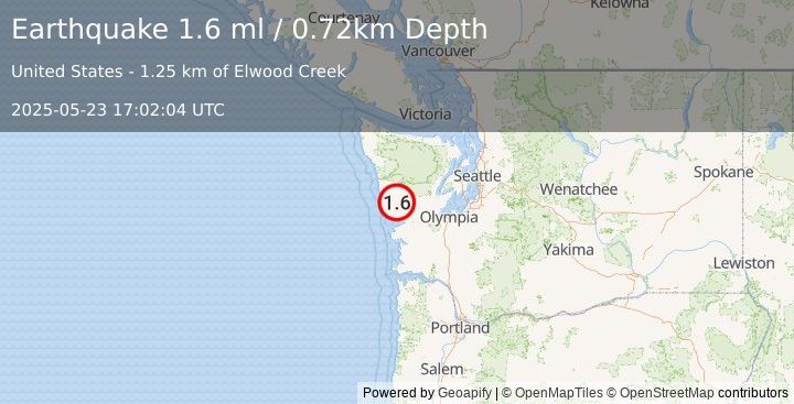 Earthquake 2 km NE of Humptulips, Washington (1.6 ml) (2025-05-23 17:02:04 UTC)