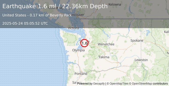 Earthquake 1 km WNW of Boulevard Park, Washington (1.6 ml) (2025-05-24 05:05:52 UTC)