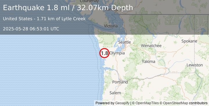 Earthquake 5 km WSW of Aberdeen Gardens, Washington (1.8 ml) (2025-05-28 06:53:01 UTC)