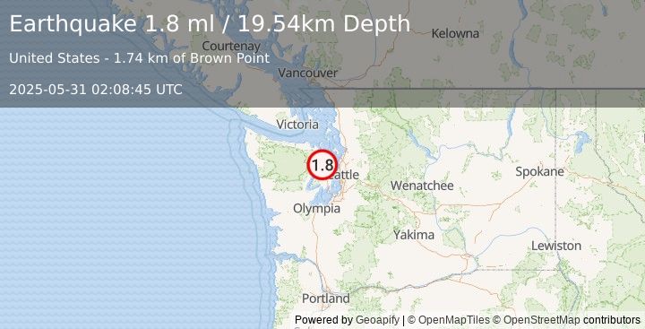 Earthquake 5 km NNW of Bangor Trident Base, Washington (1.8 ml) (2025-05-31 02:08:45 UTC)