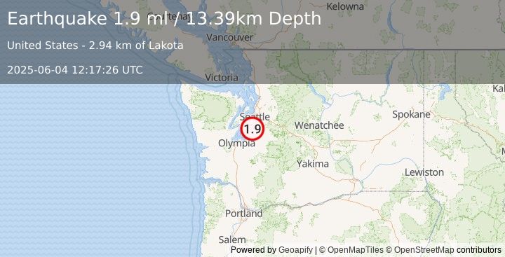 Earthquake 4 km NNE of Dash Point, Washington (1.9 ml) (2025-06-04 12:17:26 UTC)