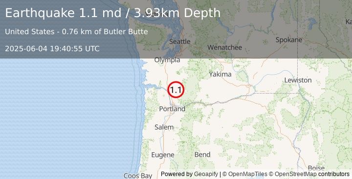 Earthquake 23 km N of Amboy, Washington (1.1 md) (2025-06-04 19:40:55 UTC)