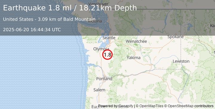 Earthquake 12 km WSW of Alder, Washington (1.8 ml) (2025-06-20 16:44:34 UTC)
