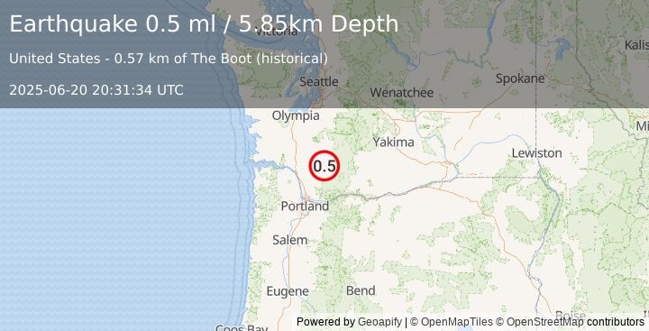 Earthquake 37 km NNE of Amboy, Washington (0.5 ml) (2025-06-20 20:31:34 UTC)