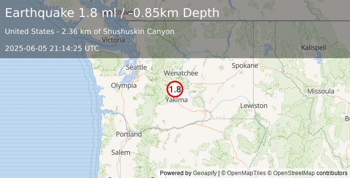 Earthquake 7 km SSW of Ellensburg, Washington (1.8 ml) (2025-06-05 21:14:25 UTC)
