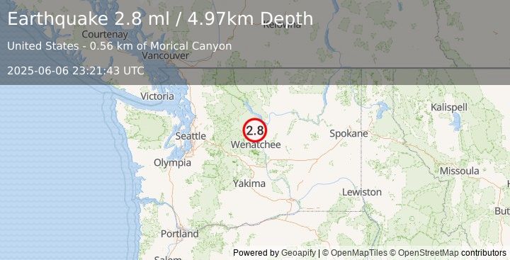 Earthquake 10 km WNW of Entiat, Washington (2.8 ml) (2025-06-06 23:21:43 UTC)
