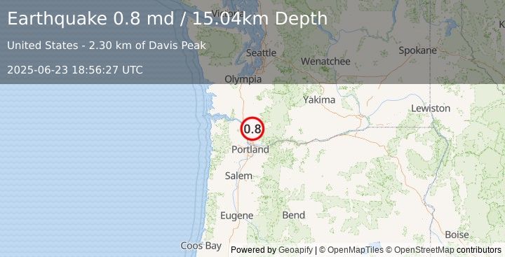 Earthquake 13 km NE of Woodland, Washington (0.8 md) (2025-06-23 18:56:27 UTC)