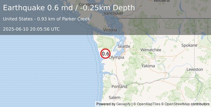 Earthquake 18 km E of Humptulips, Washington (0.6 md) (2025-06-10 20:05:56 UTC)