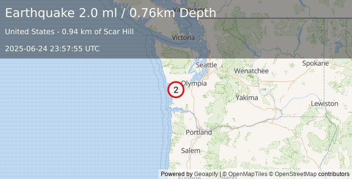 Earthquake 13 km SSE of Cosmopolis, Washington (2.0 ml) (2025-06-24 23:57:55 UTC)