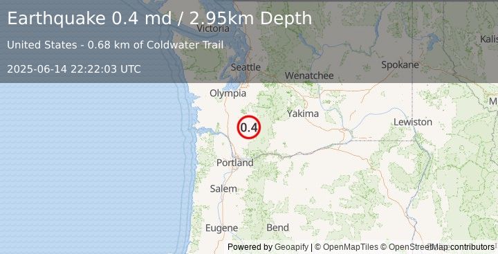 Earthquake 28 km S of Morton, Washington (0.4 md) (2025-06-14 22:22:03 UTC)