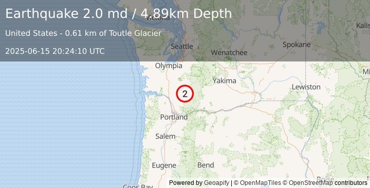 Earthquake 37 km NNE of Amboy, Washington (2.0 md) (2025-06-15 20:24:10 UTC)