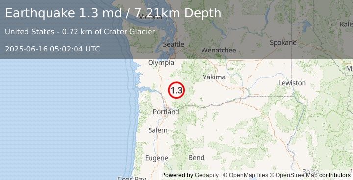 Earthquake 37 km NNE of Amboy, Washington (1.3 md) (2025-06-16 05:02:04 UTC)
