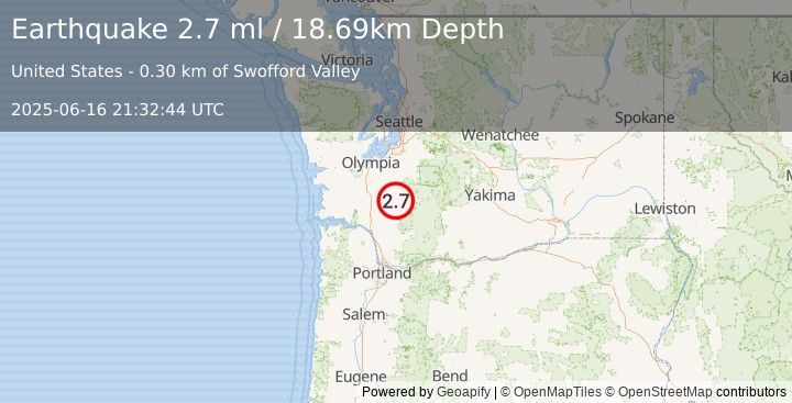 Earthquake 7 km ESE of Mossyrock, Washington (2.7 ml) (2025-06-16 21:32:44 UTC)
