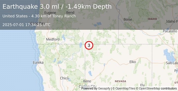 Earthquake 42 km E of Fort Bidwell, California (3.0 ml) (2025-07-01 17:34:25 UTC)