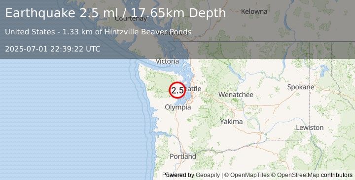Earthquake 10 km SW of Seabeck, Washington (2.5 ml) (2025-07-01 22:39:22 UTC)