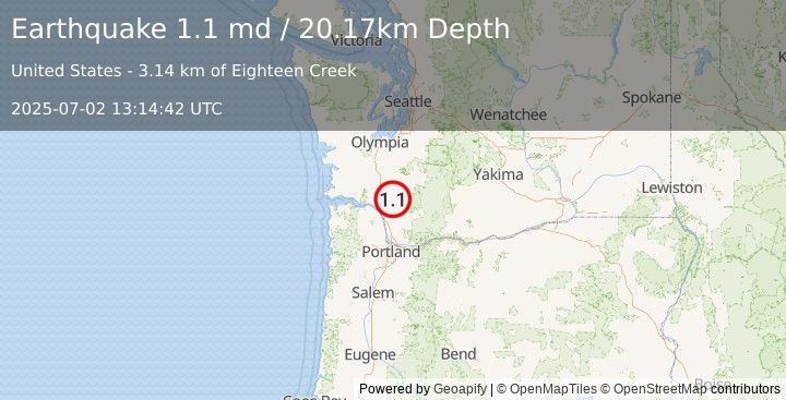 Earthquake 21 km E of Castle Rock, Washington (1.1 md) (2025-07-02 13:14:42 UTC)