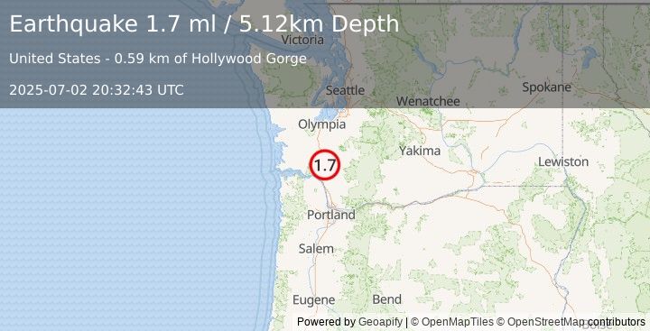 Earthquake 10 km S of Toledo, Washington (1.7 ml) (2025-07-02 20:32:43 UTC)