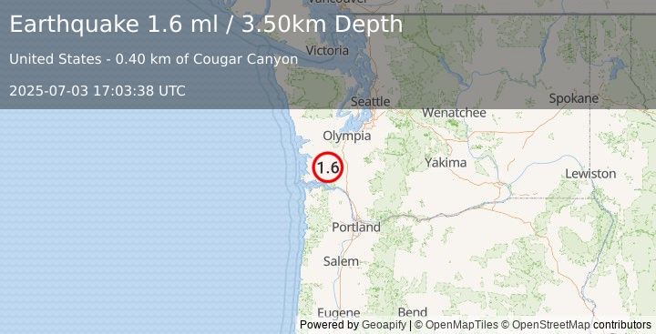 Earthquake 6 km SW of Pe Ell, Washington (1.6 ml) (2025-07-03 17:03:38 UTC)