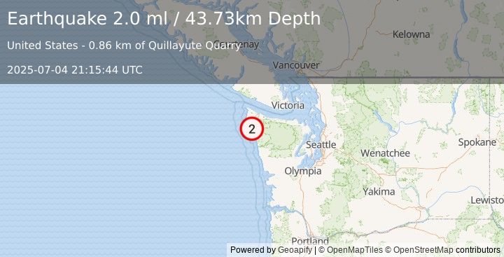 Earthquake 8 km W of Forks, Washington (2.0 ml) (2025-07-04 21:15:44 UTC)