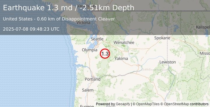 Earthquake 24 km ENE of Ashford, Washington (1.3 md) (2025-07-08 09:48:23 UTC)
