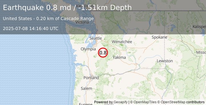 Earthquake 23 km ENE of Ashford, Washington (0.8 md) (2025-07-08 14:16:40 UTC)