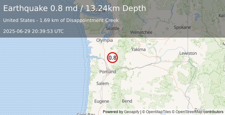 Earthquake 34 km NNE of Amboy, Washington (0.8 md) (2025-06-29 20:39:53 UTC)