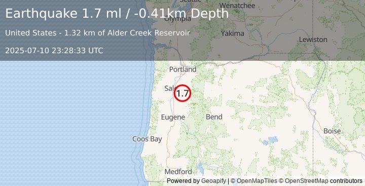 Earthquake 5 km W of Mehama, Oregon (1.7 ml) (2025-07-10 23:28:33 UTC)