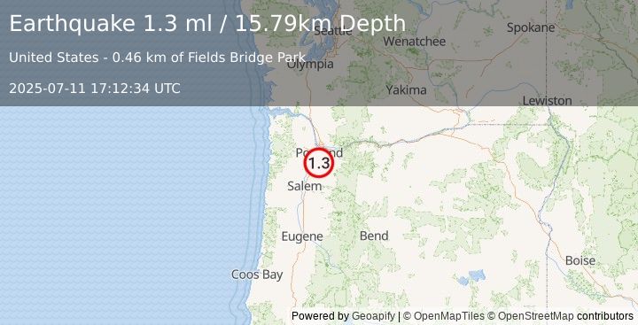 Earthquake 3 km ESE of Stafford, Oregon (1.3 ml) (2025-07-11 17:12:34 UTC)