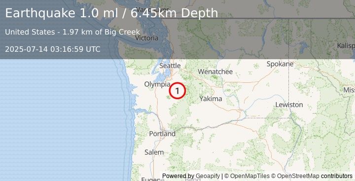 Earthquake 10 km NNE of Ashford, Washington (1.0 ml) (2025-07-14 03:16:59 UTC)
