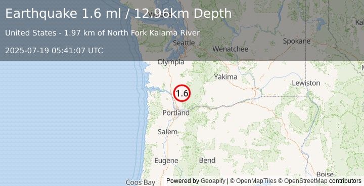 Earthquake 22 km N of Amboy, Washington (1.6 ml) (2025-07-19 05:41:07 UTC)