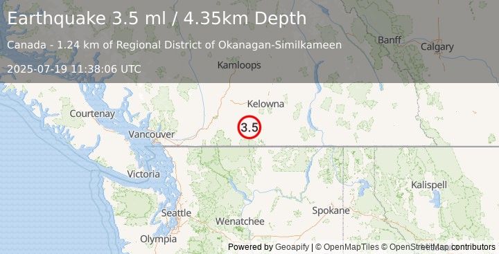 Earthquake 31 km WSW of Penticton, Canada (3.5 ml) (2025-07-19 11:38:06 UTC)