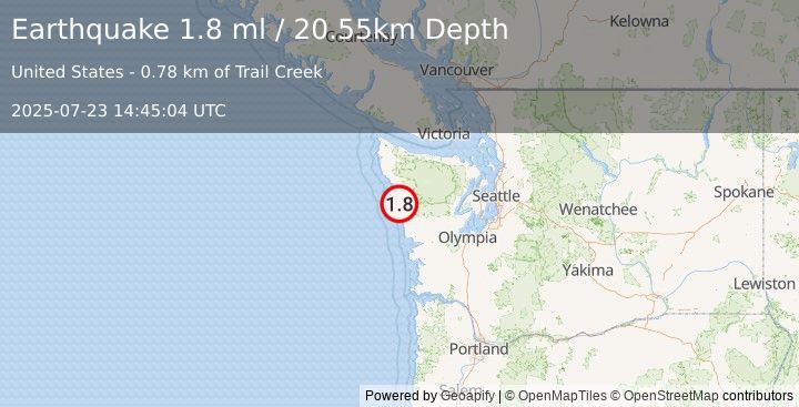 Earthquake 8 km SE of Queets, Washington (1.8 ml) (2025-07-23 14:45:04 UTC)