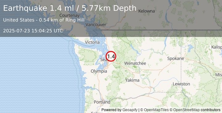 Earthquake 3 km E of Cottage Lake, Washington (1.4 ml) (2025-07-23 15:04:25 UTC)