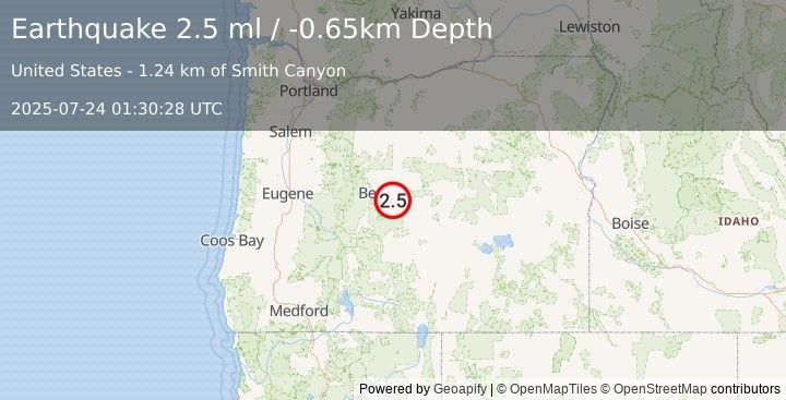 Earthquake 29 km ESE of Bend, Oregon (2.5 ml) (2025-07-24 01:30:28 UTC)