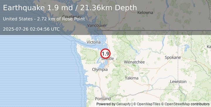 Earthquake 6 km NNE of Kingston, Washington (1.9 md) (2025-07-26 02:04:56 UTC)