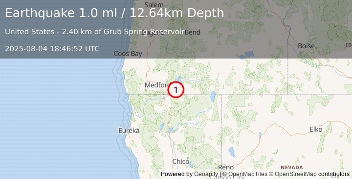 Earthquake 23 km WSW of Klamath Falls, Oregon (1.0 ml) (2025-08-04 18:46:52 UTC)