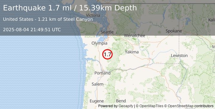 Earthquake 10 km S of Morton, Washington (1.7 ml) (2025-08-04 21:49:51 UTC)
