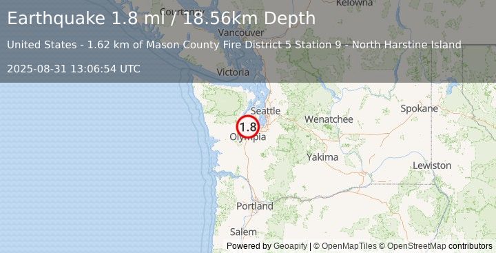Earthquake 8 km SSW of Grapeview, Washington (1.8 ml) (2025-08-31 13:06:54 UTC)