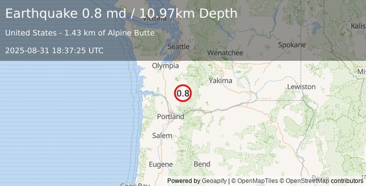 Earthquake 38 km SSE of Morton, Washington (0.8 md) (2025-08-31 18:37:25 UTC)