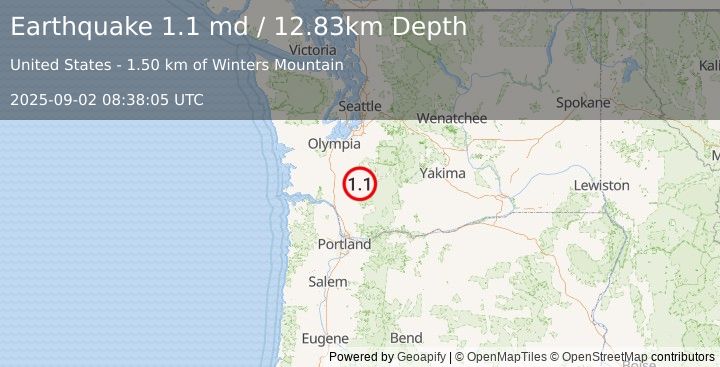 Earthquake 13 km SSW of Morton, Washington (1.1 md) (2025-09-02 08:38:05 UTC)