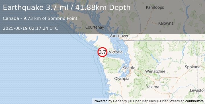 Earthquake 18 km ENE of Neah Bay, Washington (3.7 ml) (2025-08-19 02:17:24 UTC)