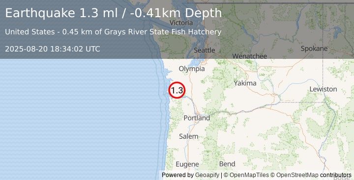 Earthquake 5 km NE of Grays River, Washington (1.3 ml) (2025-08-20 18:34:02 UTC)