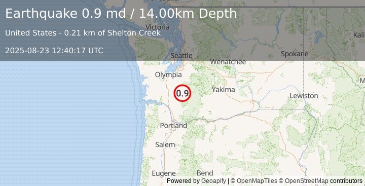 Earthquake 7 km S of Morton, Washington (0.9 md) (2025-08-23 12:40:17 UTC)