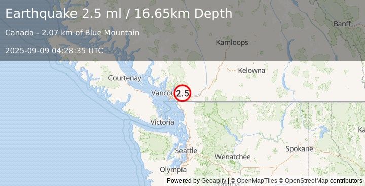 Earthquake 12 km NE of Maple Ridge, Canada (2.4 ml) (2025-09-09 04:28:34 UTC)