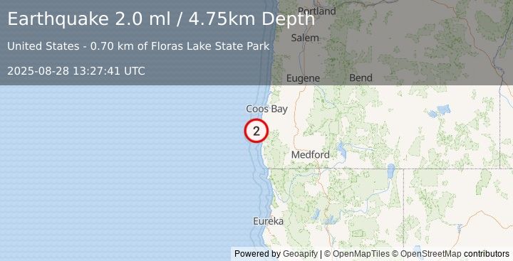 Earthquake 8 km SW of Langlois, Oregon (2.0 ml) (2025-08-28 13:27:41 UTC)